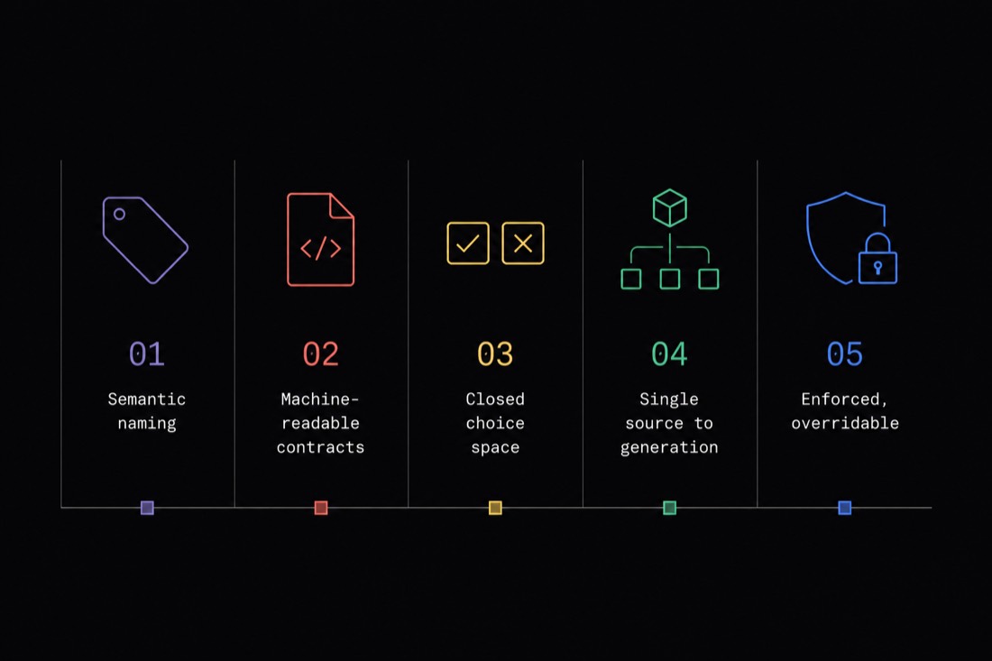 Five pillars: semantic naming, machine-readable contracts, closed choice space, single source to generation, enforced and overridable.